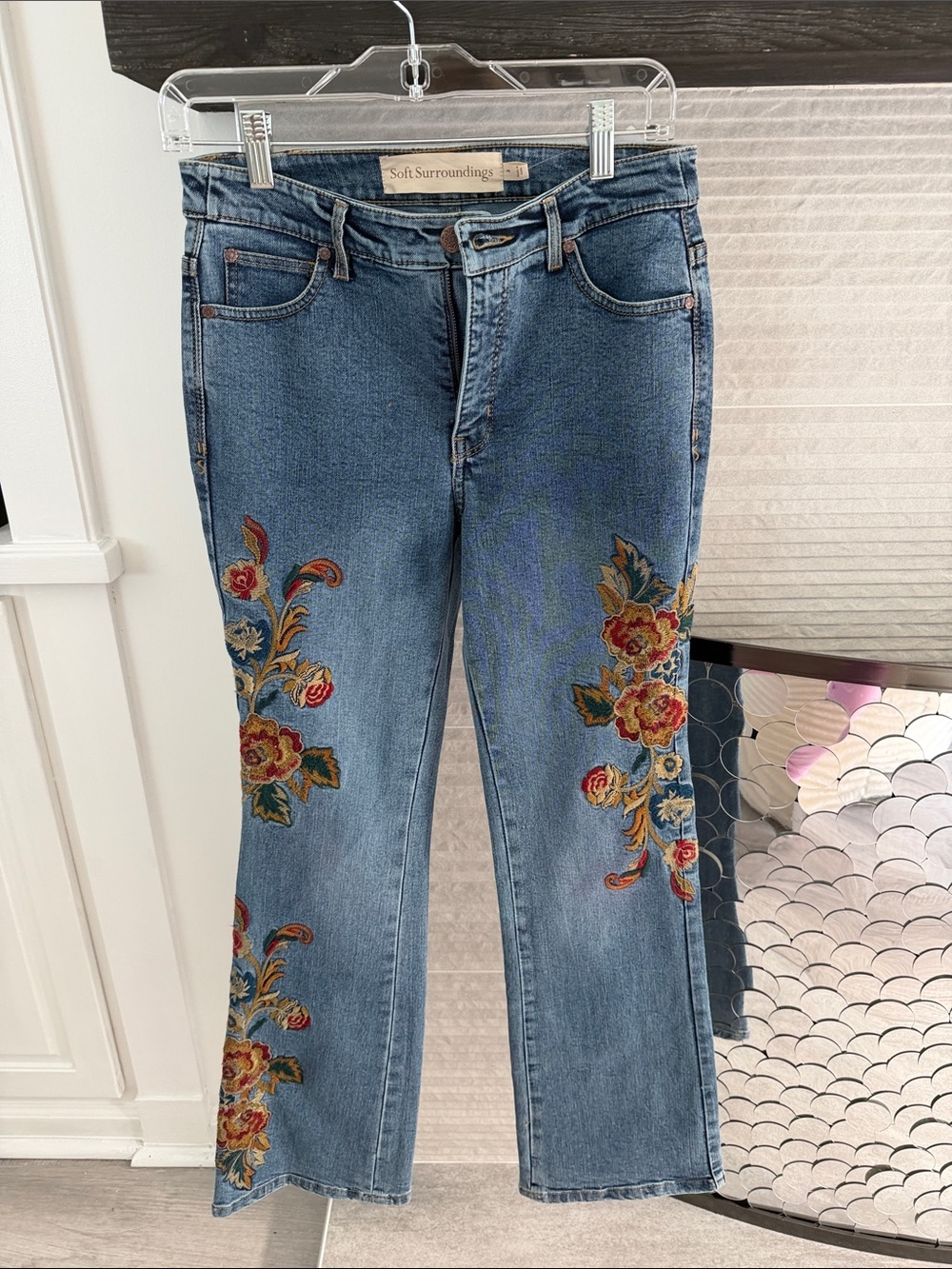 Soft Surroundings Denim Jeans with Multicolor Floral Embroidery